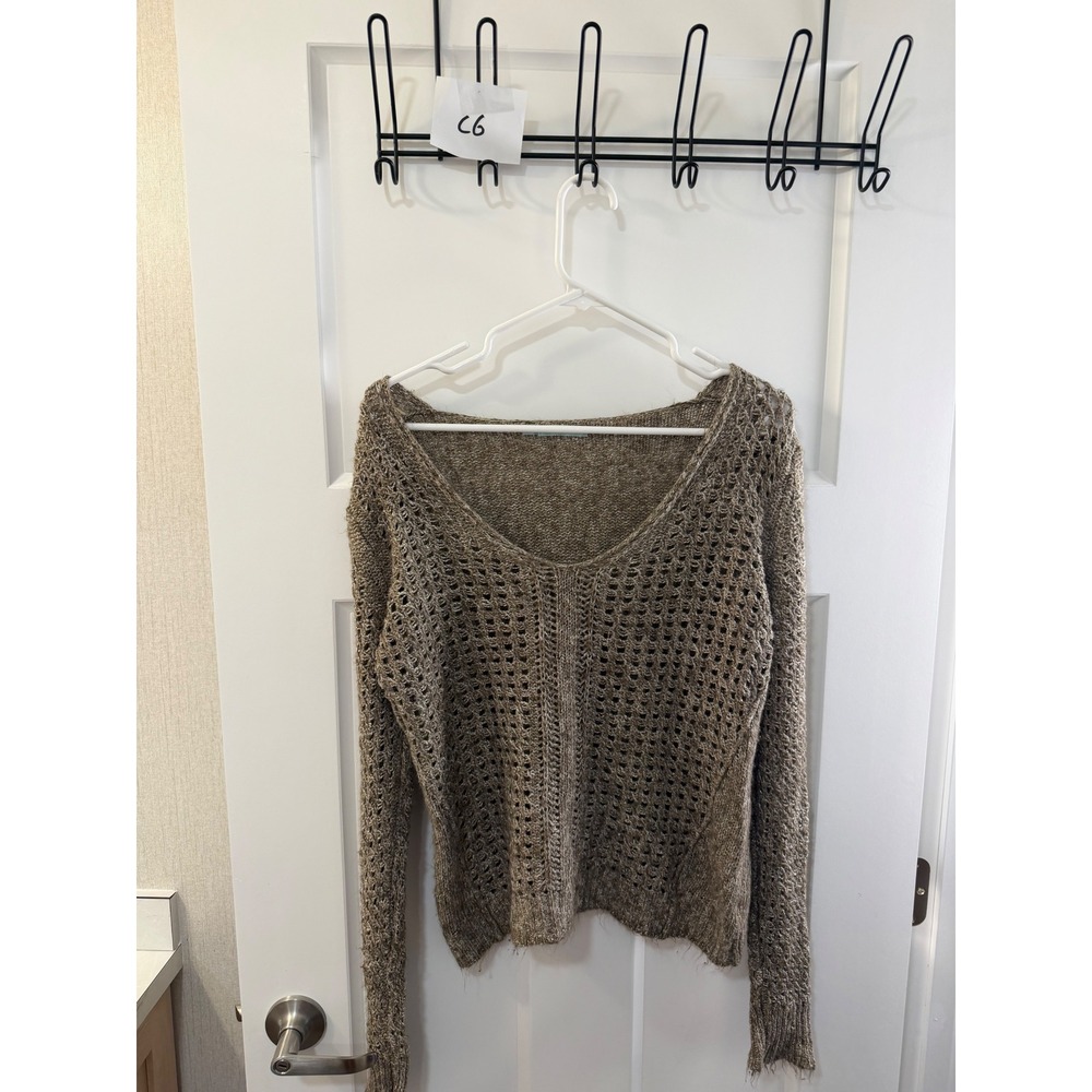 Maurices Womens‎ Open Knit V-Neck Metallic Sweater Taupe Gold Large